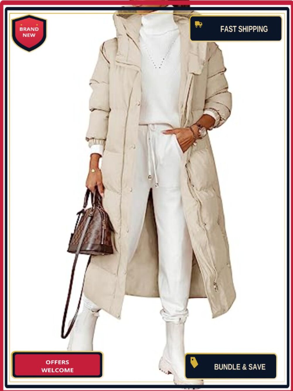 Women Long Quilted Winter Coat Hooded Puffer Padded Jacket